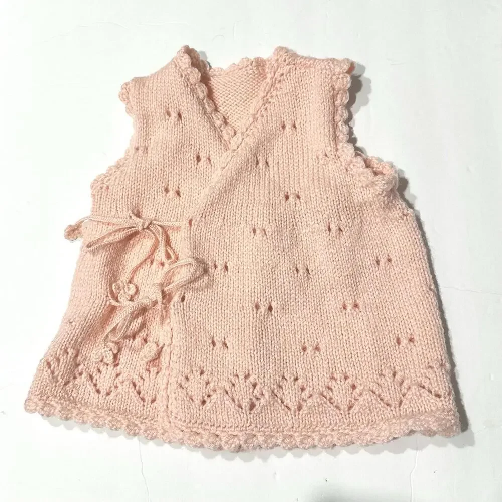 Toddler Girl Knitted Vest Pink String Closure String Eyelets Openwork Lace